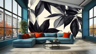 A bold and graphic pattern featuring stylized black and white botanical illustrations, creating a modern and striking textile design. Wall mural