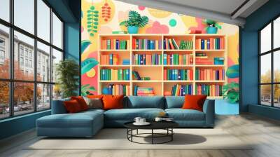 A funky cartoon library with vibrant books, lively characters, and colorful patterns creating a fun and whimsical scene Wall mural