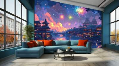 A pixel art cityscape during a festive celebration, with pixelated fireworks exploding in the sky and colorful decorations adorning the buildings. Wall mural