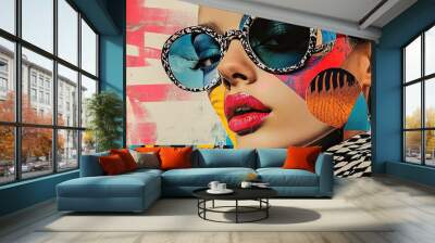 A retro-inspired collage with a psychedelic aesthetic, featuring swirling patterns, vibrant colors, and mind-bending visuals. Wall mural