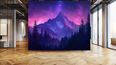 A scenic mountain landscape at night, with RGB lights subtly placed among the trees, creating a colorful, enchanted forest look against the starry sky Wall mural