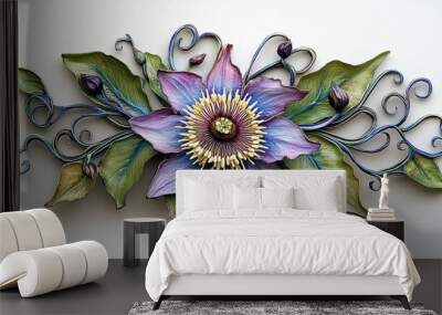 A single, exotic passionflower with intricate tendrils and a captivating corona, symbolizing passion and spirituality. Wall mural