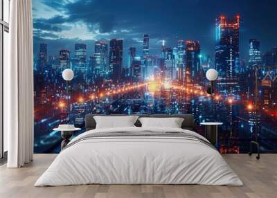 A sleek and futuristic cityscape at night with glowing lights and modern architecture, ideal for a cutting-edge business theme Wall mural