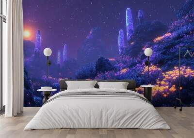 A vibrant alien coral reef teeming with bioluminescent life forms and exotic flora, illuminated by the light of a distant binary star system. Wall mural