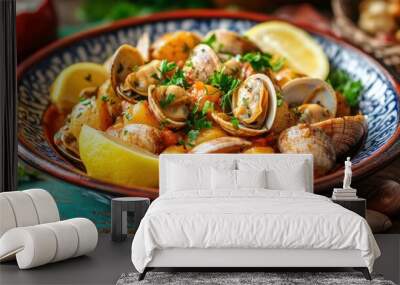 Delicious Clam Dish with Lemon and Herbs in Bowl Wall mural