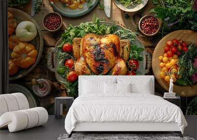 Farm-to-table dinner setting with a beautifully roasted organic chicken surrounded by seasonal vegetables and herbs, served on a rustic wooden table Wall mural