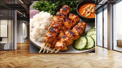 Grilled Chicken Skewers with Rice and Spicy Sauce Wall mural