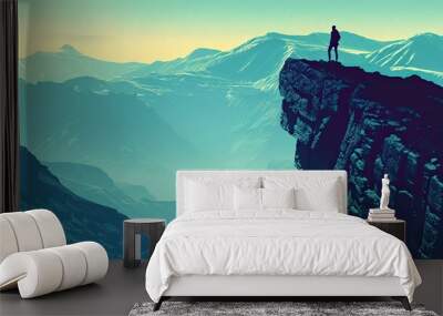 Silhouette of a climber on a cliff, with a vast mountain landscape seamlessly integrated within the form Wall mural