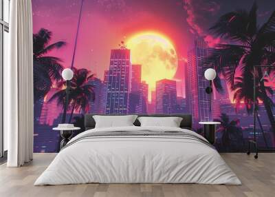 Vaporwave city with neon buildings, digital palm trees, and a retro sun Wall mural