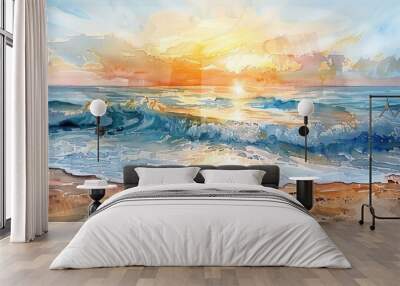 Watercolor painting of a tranquil beach scene with gentle waves and golden sand at sunset Wall mural