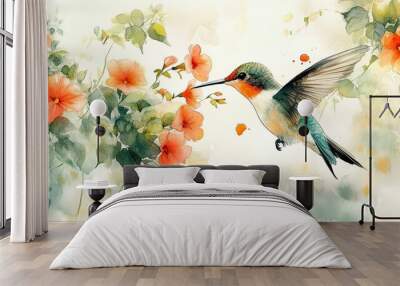 Whimsical watercolor illustration of a hummingbird sipping nectar from a vibrant trumpet vine, its wings a blur of motion. Wall mural