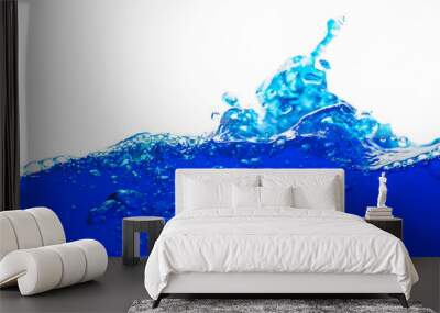 Close up blue Water splash with bubbles on white background Wall mural