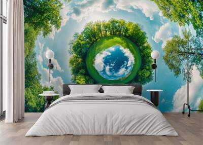 A 360-degree panoramic view of a green forest and blue sky, creating a tiny planet effect. Wall mural