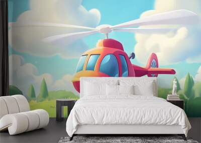 A bright red helicopter sits on a grassy field under a blue sky with fluffy clouds. Wall mural