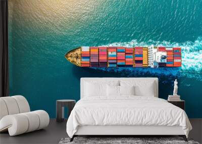 A cargo ship sailing on the water, viewed from above, import and export logistics cargo shipping transportation of goods by container ship on the open sea, cargo ship Wall mural