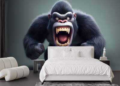 A cartoon gorilla with a fierce expression, baring its teeth and standing on a green background. Wall mural