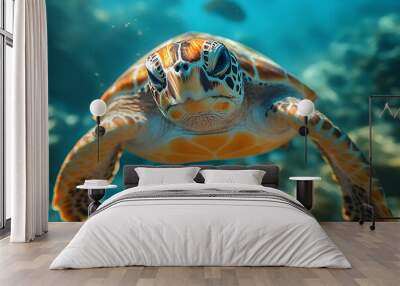 A close-up of a sea turtle swimming gracefully underwater. Wall mural