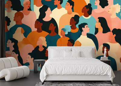 A colorful illustration of diverse faces, representing community and inclusivity. Wall mural