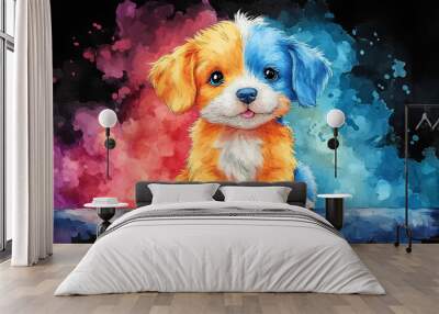 A cute, colorful puppy with blue and orange fur against a vibrant, abstract background. Wall mural