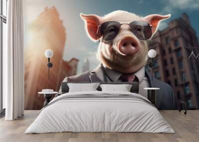 a cute pig wearing sunglasses and a suit with a tie Wall mural