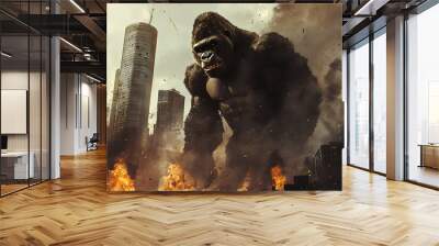 A giant gorilla towers over a cityscape, amidst destruction and chaos. Wall mural