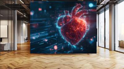 A glowing, digital heart, rendered in red and blue, with lines of light radiating from its center, floats in a digital space. Wall mural