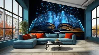 A glowing open book with digital data emerging, symbolizing knowledge and technology. Wall mural