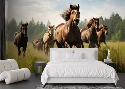 a group of horses running in the meadow Wall mural