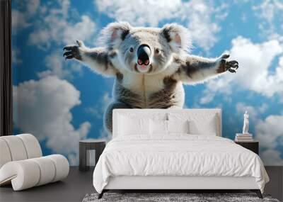 A playful koala appears to be jumping against a bright blue sky with fluffy clouds. Wall mural