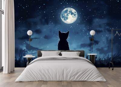 A silhouette of a cat gazing at a bright moon in a starry night sky. Wall mural