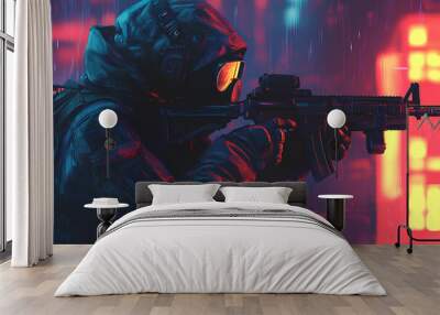 A soldier in a gas mask and tactical gear holds a rifle in a futuristic cyberpunk city with neon lights. Wall mural