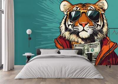 A stylized tiger wearing sunglasses and an orange jacket, flaunting cash. Wall mural