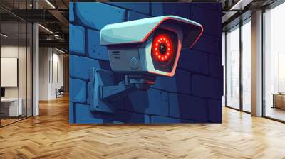 A surveillance camera mounted on a wall, featuring a prominent red light. Wall mural