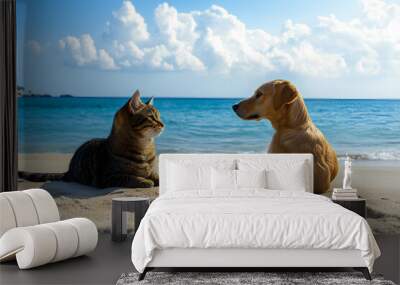 A tabby cat and a golden retriever dog are lying on a sandy beach, looking at each other. The sky is blue and there are white clouds. The water is a beautiful turquoise color. Wall mural