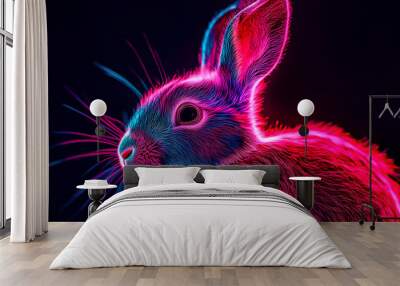 A vibrant, neon-colored rabbit with glowing fur against a dark background. Wall mural