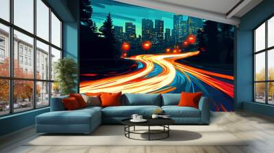 A vibrant cityscape with light trails from moving vehicles against a skyline backdrop. Wall mural