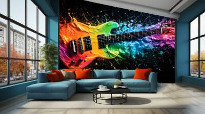 A vibrant electric guitar covered in rainbow paint splashes against a black background, showcasing the power and energy of music. Wall mural