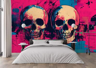 A vibrant graphic illustration of two skulls against a colorful abstract background. Wall mural