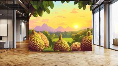 A vibrant landscape featuring durian fruits under a sunset sky with mountains in the background. Wall mural