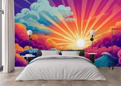 A vibrant sunset over stylized waves, showcasing nature's beauty and tranquility. Wall mural