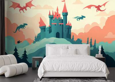 A whimsical castle surrounded by dragons and mountains in a colorful, fantasy landscape. Wall mural