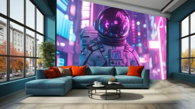 An astronaut in a futuristic city with neon lights. Wall mural