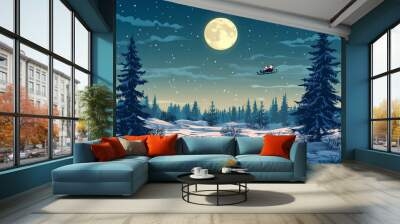 beautiful landscape of the north pole with full moon and santa claus flying on his sleigh on christmas night Wall mural