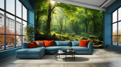 beautiful sunlight in the green forest Wall mural