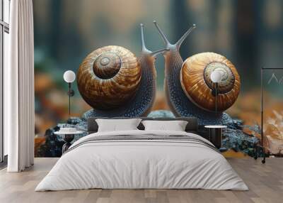 Big snail in shell crawling on road, Close up shot of snail, Snail animal in the forest Wall mural