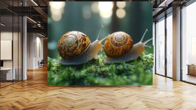 Big snail in shell crawling on road, Close up shot of snail, Snail animal in the forest Wall mural