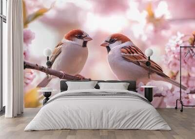 close up cute sparrow bird in warm spring time on cherry blossom tree branch, idea for romantic lovely animal background Wall mural