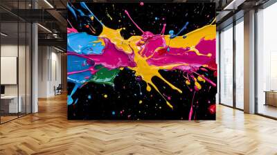 colorful liquid paint, black background, colorful liquid dripping, colorful paint splashes create dynamic patterns on black background, digital art Wall mural