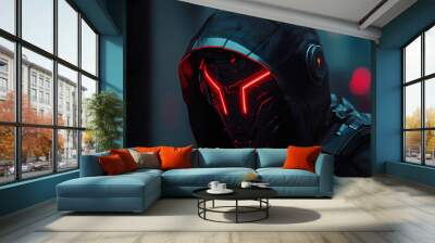 Cyborg head with red light eyes in a hood in a nighttime scene, digital artwork. a dark metal helmet from science fiction. artificially intelligent robot a futuristic soldier in concept art Wall mural