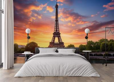 eiffel tower at sunset in paris Wall mural